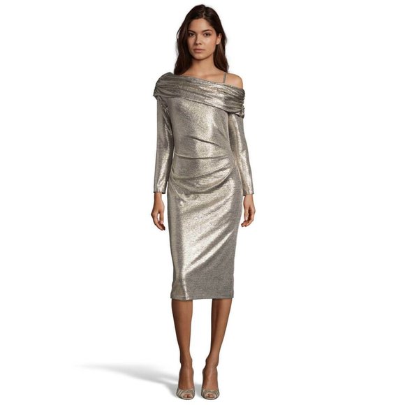 BETSY AND ADAM Off-The-Shoulder Asymmetrical Metallic Dress $450 SIZE 10 - Picture 1 of 2